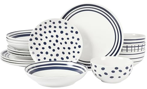 Gibson Home Seaboard Service de table avec assiettes et bols en porcelaine Blanc/bleu