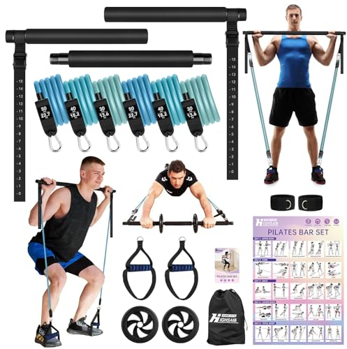 Pilates Bar Set, 6X Fitnessbänder Set Widerstandsbänder mit Stange, Griffe, Türanker, Fußschlaufen, Resistance Bands & Tragbarer Handtasche für Indoor Home Gym und Outdoor
