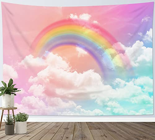 LB Wandteppich Ästhetischer Regenbogen Wandtuch Weiße Wolke rosafarbenen türkisfarbenen Himmel Wandbehang Böhmische Naturlandschaft Tapisserie für Wohnzimmer Schlafzimmer Wohnheim Wanddeko,150x100cm