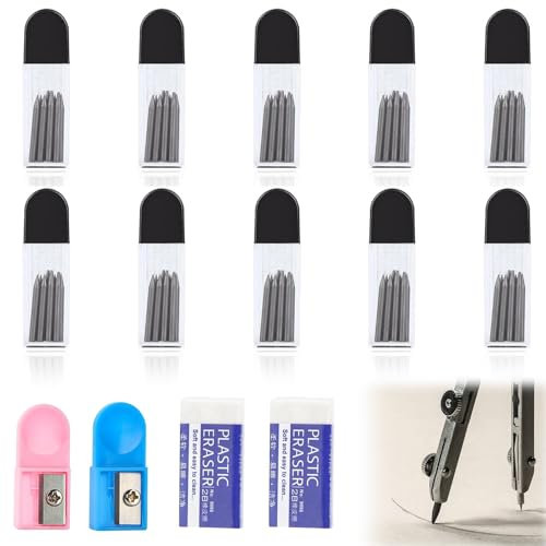 100 Stück Zirkelminen, 2B Zirkelersatzminen mit 2 Führungsrollen, 2 Radiergummis, Zirkelminen 2mm Durchmesser für Zirkelspitzer Mathematische Zeichnungserstellung Holzbearbeitungsmarker