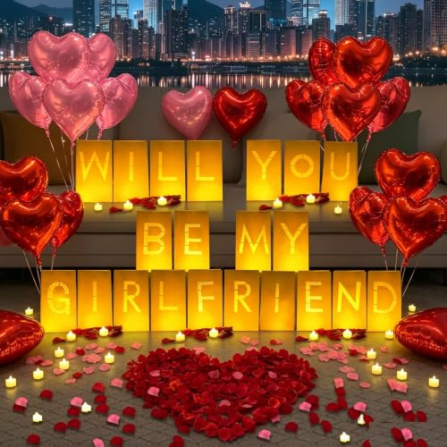Beleuchtete Buchstaben mit Aufschrift Will You Be My Girlfriend, 21 Stück, Leuchtpapiertüten, 2000 Stück rot-rosa, künstliche Rosenblätter, 48 flammenlose LED-Kerzen, Teelichter, 10 Herzballons