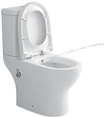 Close Coupled Toilet with Bidet, Integrated Combined Bidet Toilet All in One Back to Wall Comfort Height Toilets Short Projection Ceramic Pan Soft Close Seat Cistern Compact WC