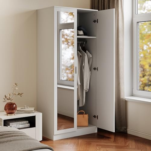 SIRHONA Armario con puertas correderas y espejo, cajón interior para dormitorio y pasillo, 76 x 47 x 180 cm, blanco