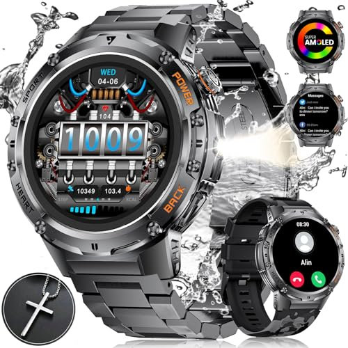 ESFOE Smartwatch Uomo Militare con Torcia LED-1,43 AMOLED Rugged Smart Watch 5ATM Impermeabile 530mAh 132 Modalità Sport 24H Monitoraggio Orologio Smartwatch con Chiamata Bluetooth per Android iOS