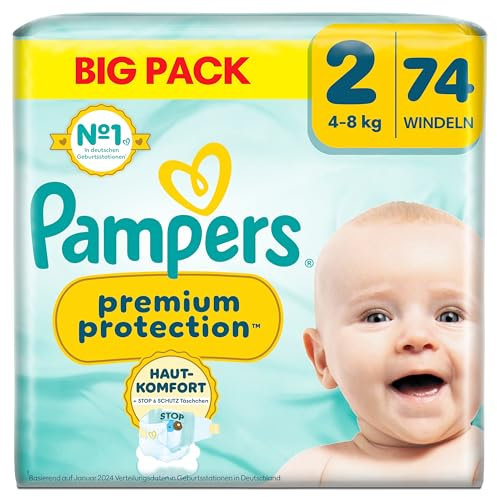 Pampers Premium Protection Größe 2, 74 Windeln, 4kg-8kg, Doppelter Schutz für die Haut und vor Auslaufen