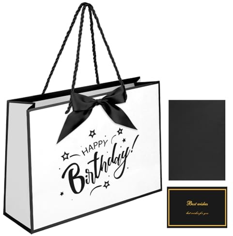 AOOSU Geschenktüte Geburtstag, Papier Geschenktüten mit Schleife + 1 Grußkarten + 3 Seidenpapier, Weiß Geschenktaschen mit Henkel, Frauen Männer Birthday Gift Bag, Geschenkverpackung für Geschenk