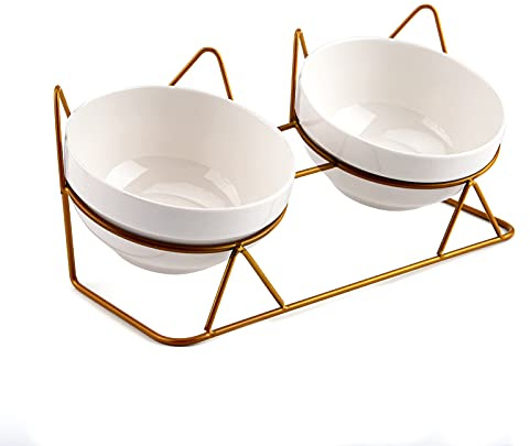 GSrenyu Raised 15° Tilted Ceramic Double Cat Bowls for Cats & Puppies | Ceramic Removable Bowls, Metal Stand with Cat Ear Design, Reduces Vomiting for Food and Water