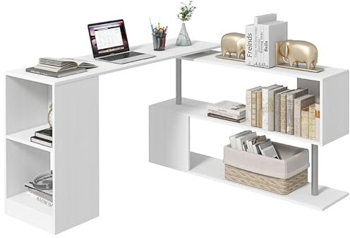 HOMCOM Mesa de Ordenador PC en Forma de L Escritorio de Oficina Mesa Esquinera Giratorio 360° Múltiformas para Hogar Escuela y Oficina 2 Estantes Librería Blanco