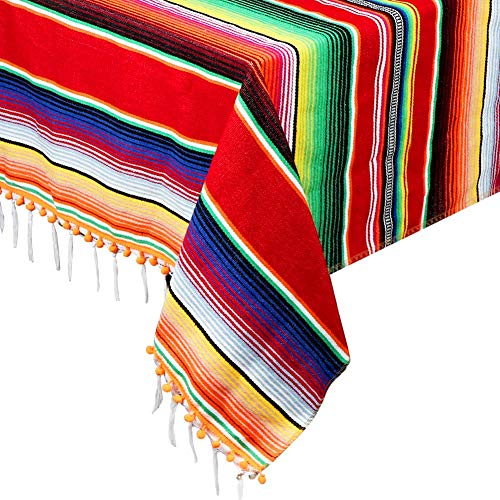 OurWarm 213x149.9 cm mexikanische Tischdecke, verbesserte mexikanische Decken mit Pompom-Bordüre für mexikanische Party, Hochzeit, Fiesta-Dekorationen, große Outdoor-Tischdecke für Picknick