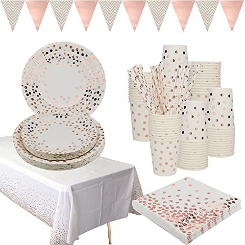 Roségold Partygeschirr Folie Pappteller Servietten Becher Besteck für Hochzeit Geburtstag Jubiläum Roségold Geschirr Set für 25 Gäste