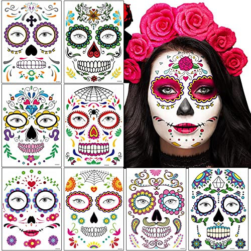 8 Fogli Halloween Tatuaggi Temporanei, Tatuaggio viso Cranio Floreale Nero Scheletro Web Rose Rosse Viso Temporaneo Tattoos Adesivi per Donne Uomini Adulti Bambini Masquerade e feste Party Trucco