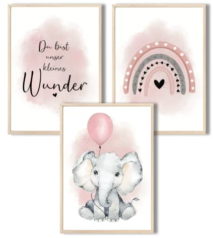 MeinBaby123® I Bilder Kinderzimmer | 3er Set DIN A4 Poster Set | Wandbilder | Kinderzimmer Poster | Deko Bilder Kinderzimmer Mädchen und Jungen | Wandposter Premium (Elefant & Luftballon rosa)