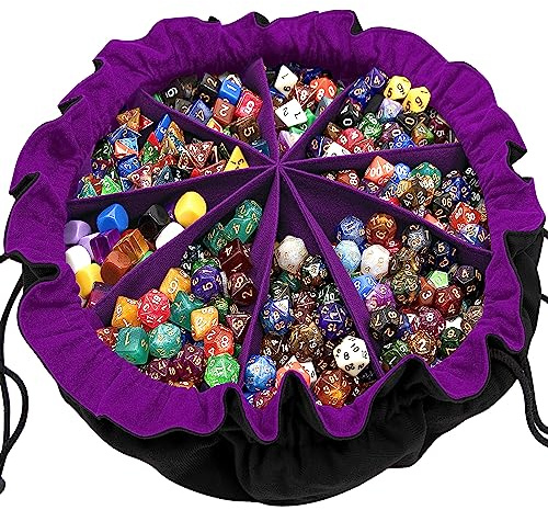 SIQUK Large Dice Bag with Pockets Drawstring Dice Bag DND Dice Storage Bag Big Capacity Dice Pouch for RPG MTG Table Games, Hold over 300 Dice (Black & Dark Violet)