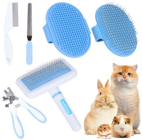 Nobleza - 6 Pièces Kit de Toilettage pour Petits Animaux, Kit de Toilettage pour Lapin avec Brosse à Raclette, Gant de Bain et de Massage, Peigne pour Hamster (Bleu)