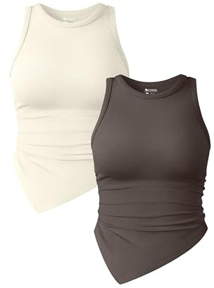 OQQ Damen 2-teiliges Tank-Top gerüscht Rundhalsausschnitt ärmellos Basic Stretch T-Shirt Teeblatt Beige