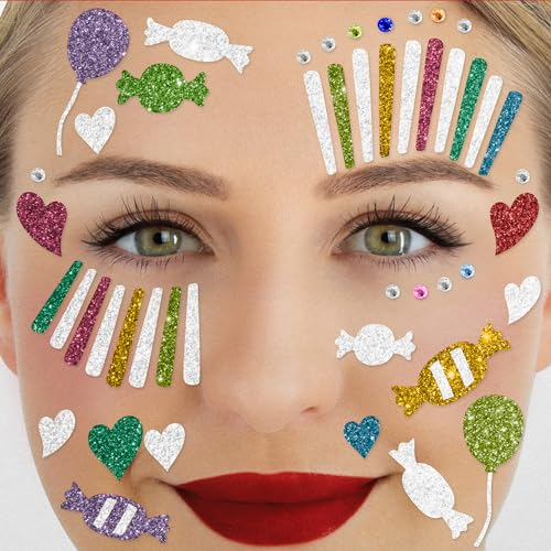 Party Factory Face Tattoo bunter Clown, temporäres Glitter Gesichtstattoo für Motto Party, Halloween & Karneval, Kinder & Erwachsene