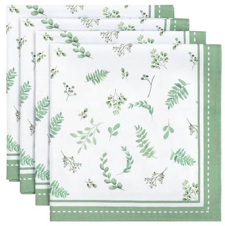 Arquiel Servietten Eukalyptus Blätter 4er-Set, Stoffservietten 100% Baumwolle Weiches Hochwertige Wiederverwendbare Esstisch Servietten Perfekt für Hochzeiten Küche Haushalt Party(45×45cm)
