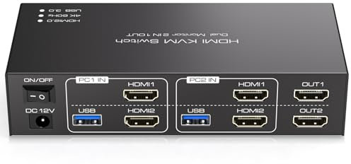 TJCXELE HDMI KVM Switch 2 Monitors 2 Computers 4K60Hz KVM Switch Dual Monitor for Dual Computers share 4 USB USB 3.0 Devices Support Copy & Extend Mode with 12V DC Power Supply & Cable