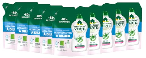Maison Verte - Liquide Vaisselle - L'Ultra Concentré à Diluer - Aloe Vera & Huiles Essentielles - Dégraissant à Froid - Adapté aux Peaux Sensibles - Prêt en quelques minutes - 9x150ml