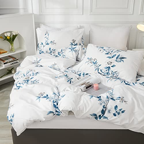 Tospass Housse de Couette 240x260cm Blanc Bleu Brun Floral Fleurs Feuilles Parure de Lit 2 Personne Adultes avec Fermeture Éclair Housse Couette en Microfibre avec 2 Taie d'oreiller 65x65cm