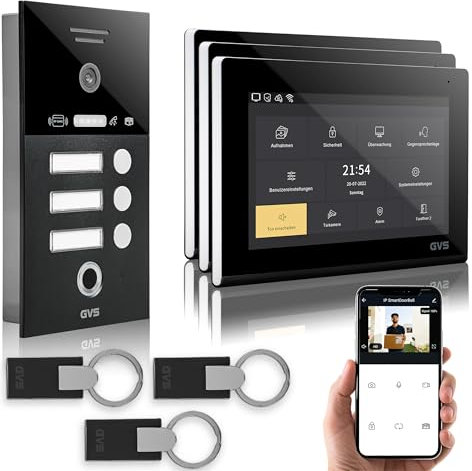 GVS - IP Video Türsprechanlage 3 Familienhaus mit Türöffner (RFID & Fingerprint), HD Kamera, 3X 7 Zoll Monitor & App - Smarte Video Türklingel mit Kamera & Gegensprechanlage (AVS5291U)