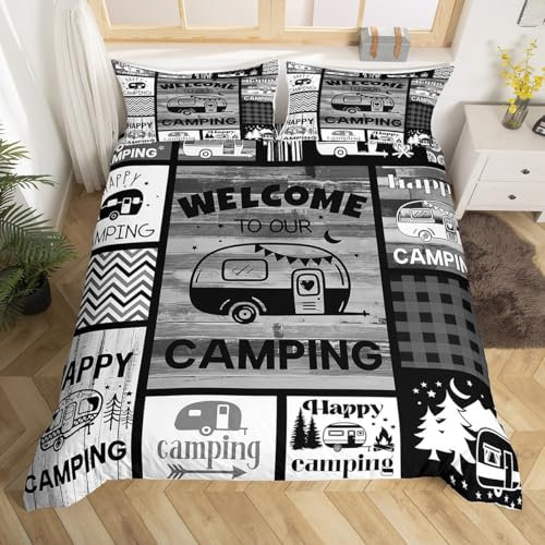 Homemissing Happy Camping Bettbezug Set Kinder Camper Bettwäsche Set 135x200cm RV Camping Tröster für Schlafzimmer Geometrie Plaid Braun Grau Betten Set Bettwäsche