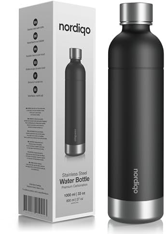 Nordiqo Premium 1L Flasche aus Edelstahl | Kompatibel mit Sodastream, Aarke und vielen weiteren Wassersprudlern | Ohne Ablaufdatum & Plastik | Auslaufsicher | Spülmaschinenfest