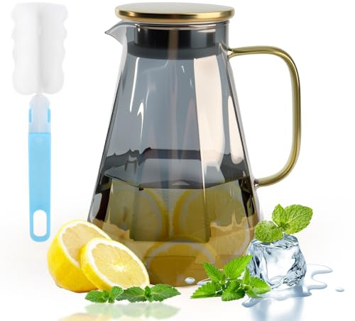 2-Liter-Wasserkrug aus Borosilikatglas mit goldenem Edelstahldeckel und -griff, Wasserkaraffe mit Rautenstruktur, Heiß- und Kaltgetränkekrug für Saft, Milch, Kaffee und Tee (Grau)