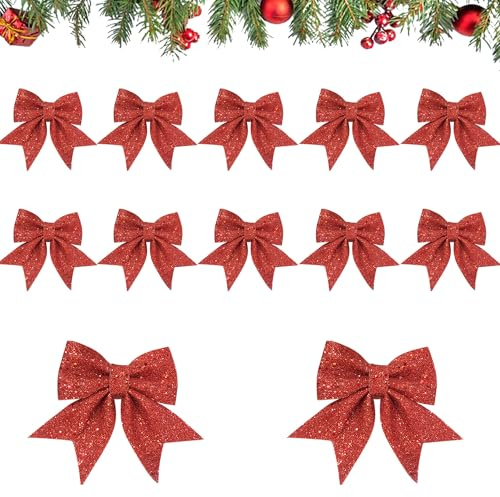 YIGOOWN 12 Stück Weihnachtsschleifen, Schleifen Weihnachtsbaum Deko Glitzer Baumschmuck Weihnachten Weihnachtsbaumschmuck Weihnachtsdeko Innen für Weihnachtskranz Tannenbaum Geschenke Deko (Rot)