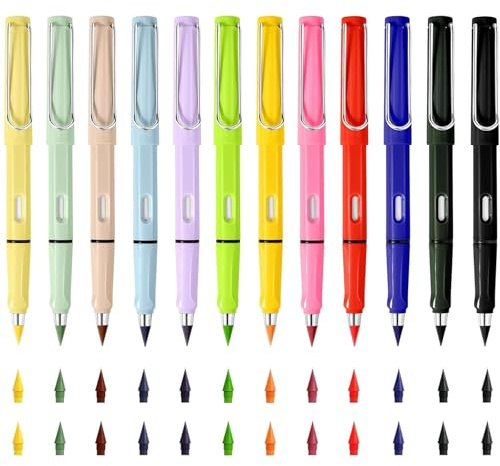 XVZZGNTH Ewiger Buntstift Set 12 Stück, Radierbare Zauberstifte | Unendliche Stifte mit 24 Ersatzspitzen zum Schreiben, Zeichnen und kreativen Gestalten ohne Anspitzen.