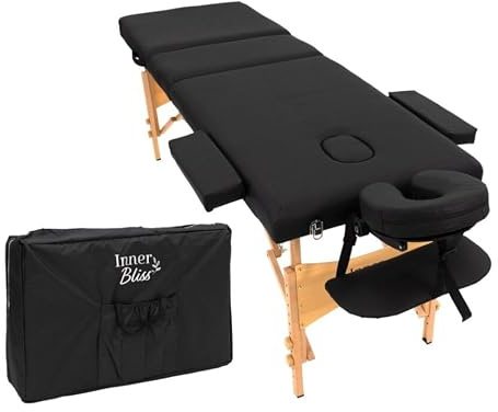 Inner Bliss Portable Massage Table 3 Section Folding Therapy Couch with Adjustable Backrest Face Cradle Armrest and Carry Case | Lightweight Spa Bed for Beauty Tattoo Physio | 60cm Wide | Black