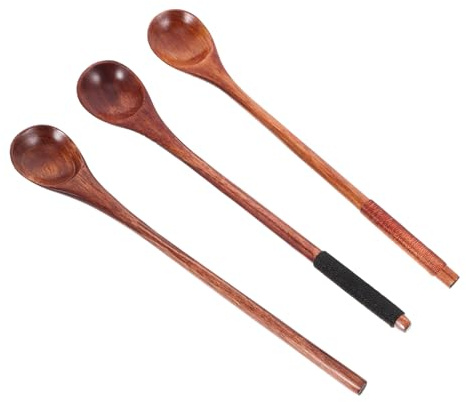 Sosoport 3pcs Small Wooden Spoons Long Handle Natural Wood Stirring Spoons for Coffee Tea Dessert Jam Mixing Cooking Sugar Vintage Style