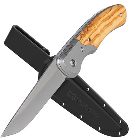 Mubero Trade Knife with Stainless Steel Blade | Work Knife with Olive Wooden Handle and Sheath Holster (Right-Handed)