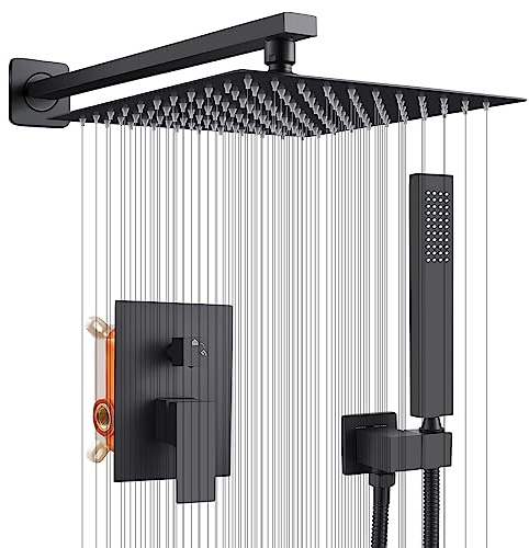Système de Douche Encastré Noir avec Carrée 25cm Pommeau de Douche Pluie