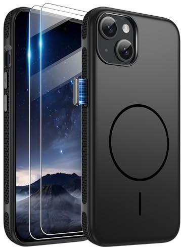 Pilaru Magnetic for iPhone 15 Case (Metallic Buttons), Black | [Compatible with MagSafe] 2 HD Screen Protector, Ultra-Comfortable Grip, Anti-Slip Edge, 12ft Shockproof Drop Protection