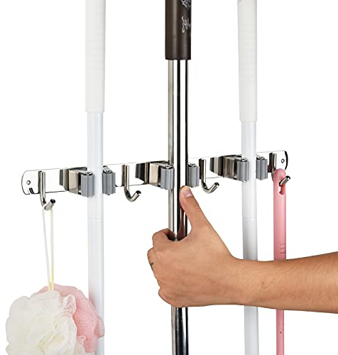 Besen- und Mopp-Halter, 304 Edelstahl, Garten, Badezimmer Organisation und Lagerung und Outdoor-Metall-Besenschrank-Organizer (3 Regale und 4 Haken)