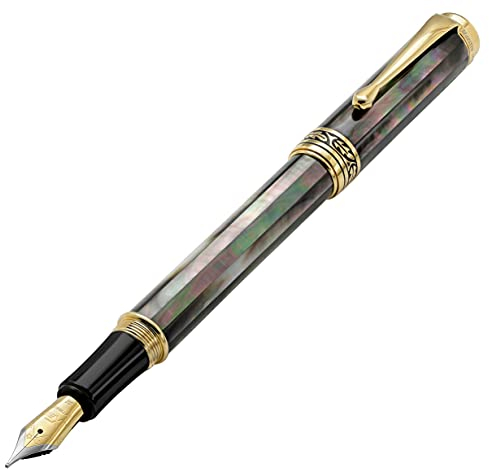 Xezo Maestro Fountain Pen, Medium Nib. Handcrafted from Oceanic Tahitian Black Mother of Pearl. 18-Karat Gold Plated. Serialized, Iridescent, No Two Alike