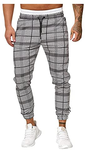 ZHINIAN Herren Casual Plaid Hose Kariert Jogger Hose Slim Fit Chino Sweatpants Leichte Sport Bodybuilding Workout Laufen Trainingshose, grau, 34-37