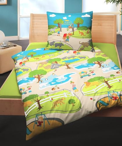 JACK Bierbaum Kinder Biber Bettwäsche 2 TLG. 135x200cm Dinosaurier Pferde Astronaut Bauernhof Einhorn Fußball Baustelle, Farbe:Zoo