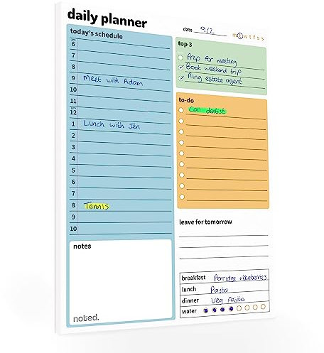 TagesplanerBlock – undatierte ToDoListe – A5 Schreibtischunterlage mit 50 Blatt 100 gm² Papier – ProduktivitätsOrganizer mit Zeitplan, Prioritätsliste, Mahlzeitenplaner und Notizen für Arbeit