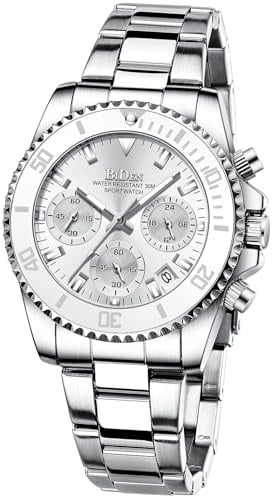Women Elegant Chronograph Rotatable Bezel Mineral Glass Luminous Watch Stainless Steel Waterproof Date Analog Quartz Watch Fashion Business Dress Wristwatch (Silver White)