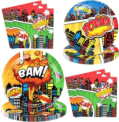 Superhero Cityscape Theme Plates Super City Decorations Superhero Theme Tableware Set for Boys Birthday Party Supplies (Red)