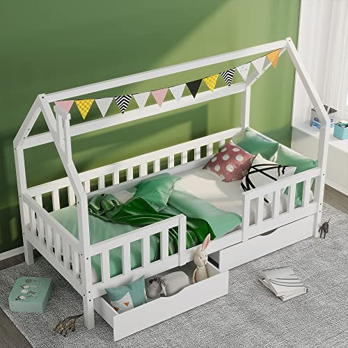 Azkoeesy Kinderbett Hausbett mit Stauraum, 90 x 200 cm, Bett mit 2 Schubladen, Lattenrost, Gitter, für Jungen und Mädchen, Kiefernholz, weiß