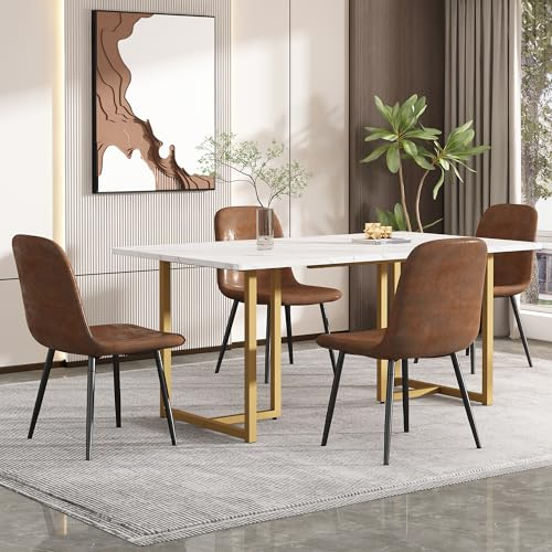 Merax Mesa de cocina moderna con diseño de mármol y patas ajustables, color blanco y dorado, 140 x 80 x 75 cm