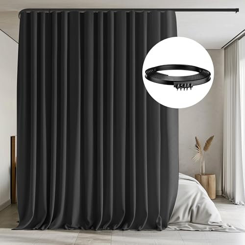 MaKefeile Raumteiler-Vorhänge mit flexiblen Deckenschienen, Verdunkelungsvorhang, Deckenmontage, Vorhangschiene, Privatsphäre, Raumteiler, Deckenschiene, Gardinenstange (schwarzer Vorhang und schwarze