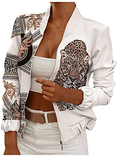 SCBFDI Giacca Mezza Stagione Donna, Giacche Leggere da Donna Grafica Vintage Zip Up Giacca Bomber Stand Collar Outwear Moda Femminile S-2Xl, Spolverino Donna Primaverile