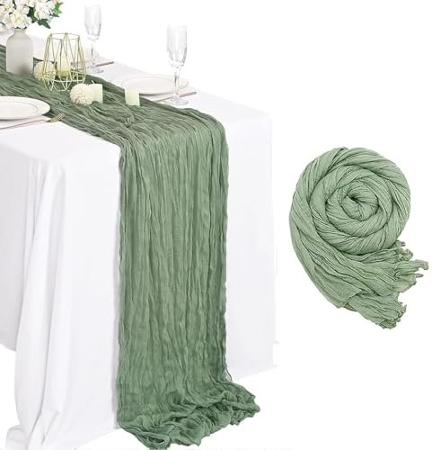 Tischläufer Grün, 90 X 300cm Lang Rustikaler Gaze Stoff KäsetuchTischläufer Salbeigrün, Käsetuch Cheesecloth Musselin Tischläufer Boho, Eukalyptus Hochzeitsdeko Tisch Geburtstag Tischdeko 