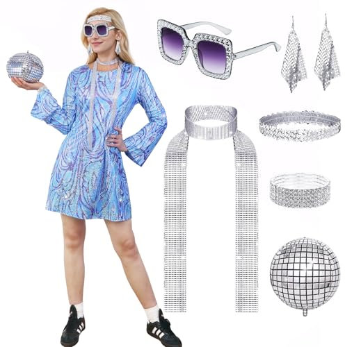 60er 70er Jahre Outfit Damen, Disco Kostüm Damen mit Glitzer kleid Disco Pailletten Sonnenbrille Haarband Ohrringe Halskette Discokugel 70er 80er Jahre Bekleidung Damen Fasching Karneval Kostüm (L)