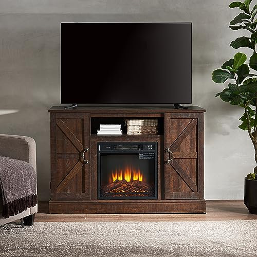 Cheminee , Farmhouse Classic Media Meuble TV Console de divertissement antique for téléviseur jusqu'à 50 pouces avec insert de cheminée électrique de 18 pouces avec espace de rangement ouvert et fermé