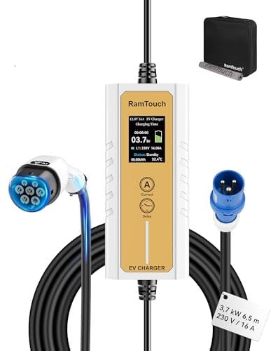 RamTouch Chargeur Voiture Électrique (3,7 KW, 6,5 m, Type 2, CEE P17 16A) - Câble Recharge avec Ampérage Réglable 6A-16A, Charge Différée et Programmée, Borne de Recharge Mobile pour EV et PHEV